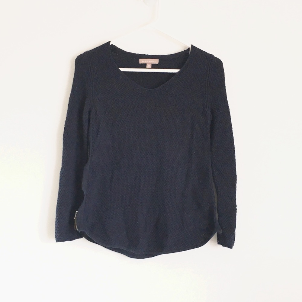 BR Side Zipper Split Wide Round Hem V Neck Sweater Navy